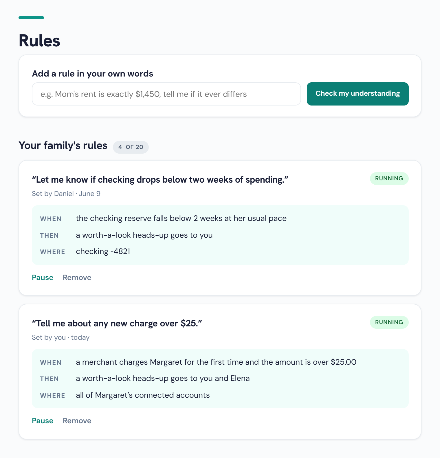 CoveyFi rules screen: a field to add a rule in your own words, and two running rules written as plain sentences, each showing when it applies, who hears about it, and which account it watches.